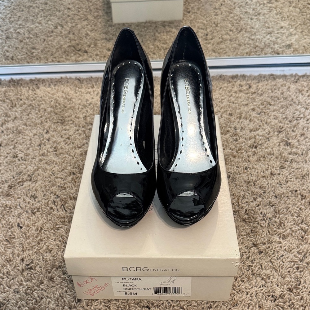 BCBGeneration Patent Leather Black Peep Toe Heels